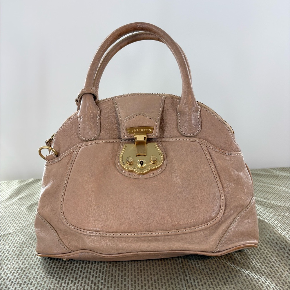 Talbots Leather Dome Satchel – Taupe/Pink Handbag with Gold Lock Detail